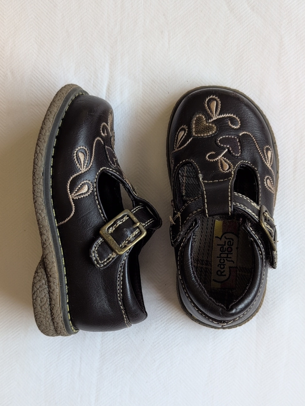 Vintage Rachel Shoes Girls Brown Faux Leather Heart Embroidered Mary Janes 6